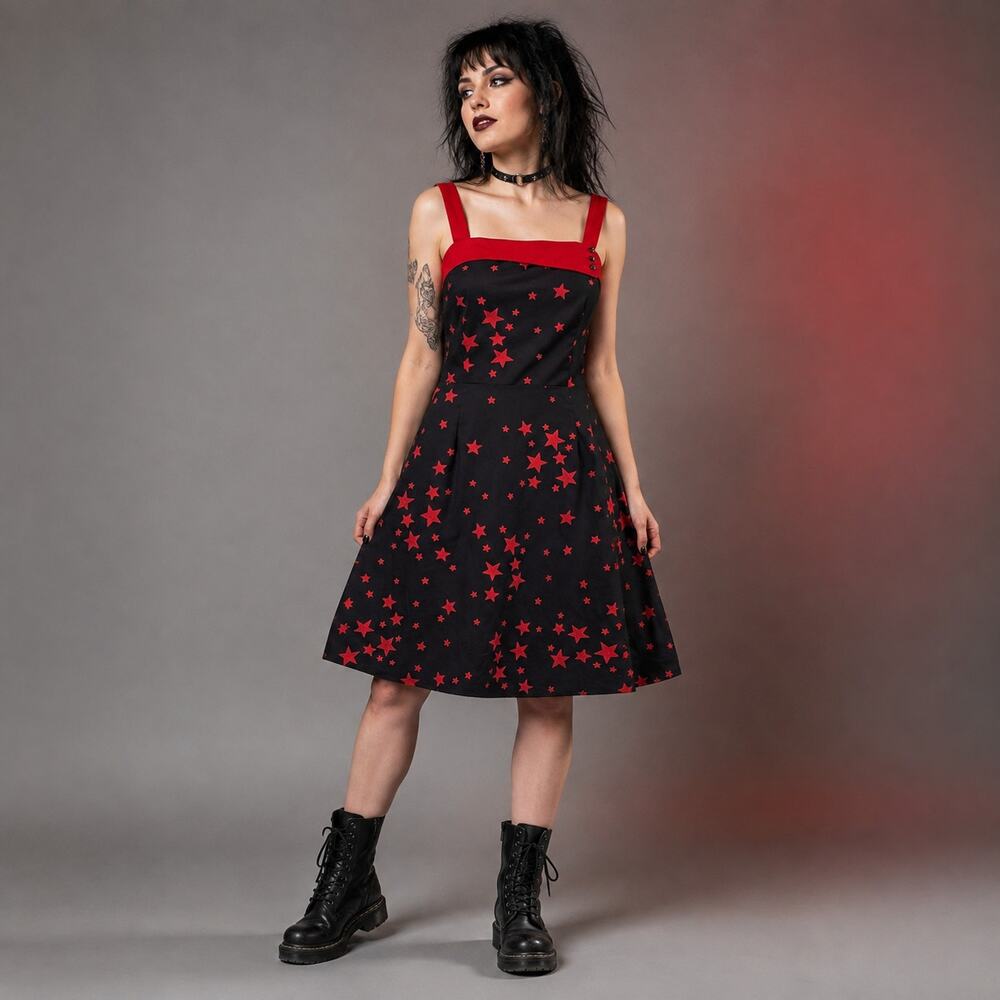 Vintage Morbid Threads Red Star Goth A-Line Dress M 90s Y2K